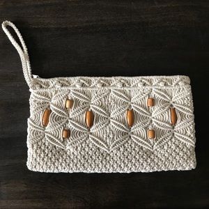 Vintage Macrame Beaded Clutch Cream and Tan